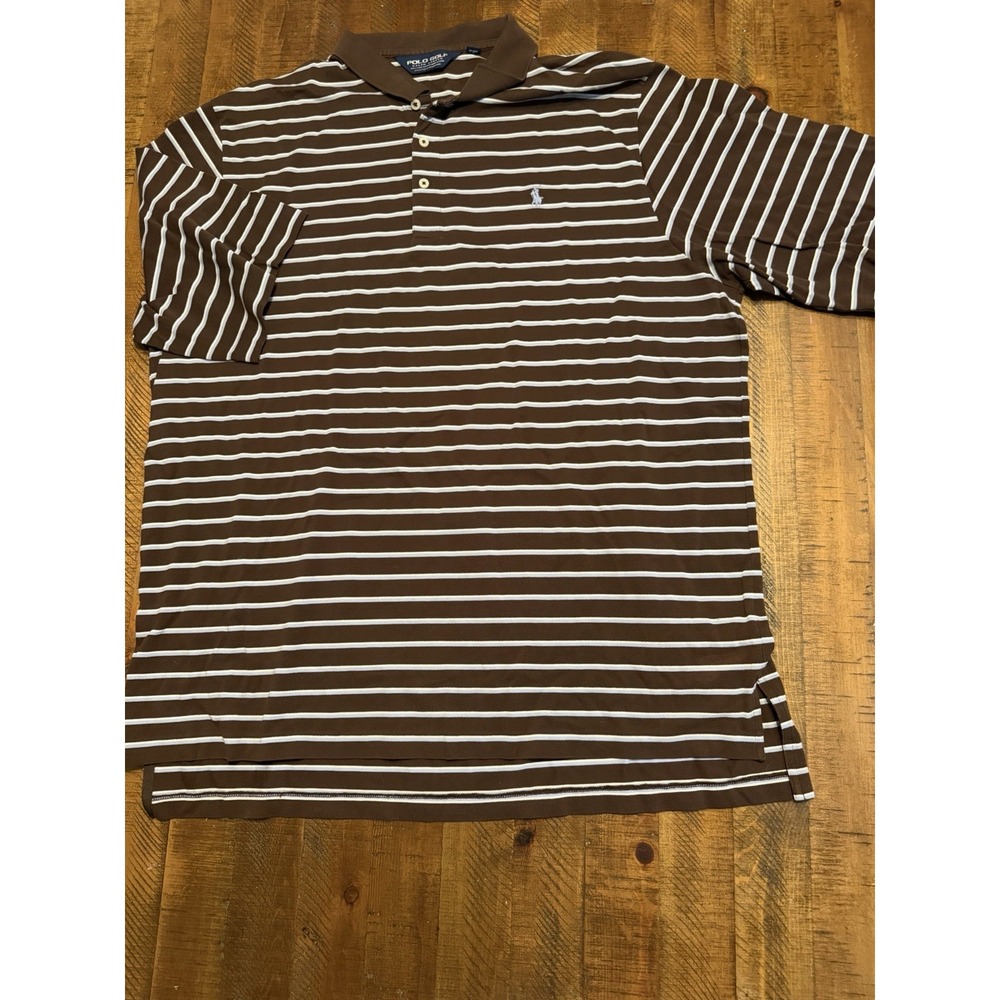 Ralph Lauren Polo Golf Shirt Men's Size XXL Brown White/Blue Striped Pima Cotton